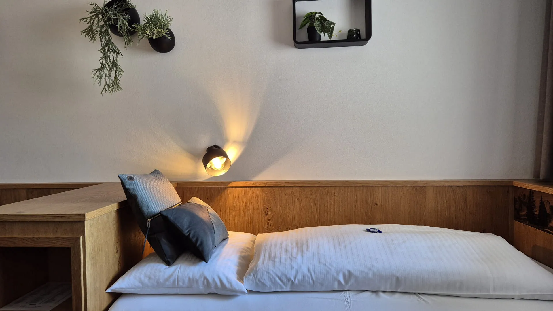 Gemütliches Zwillingsbett mit Wandbeleuchtung und Pflanzen